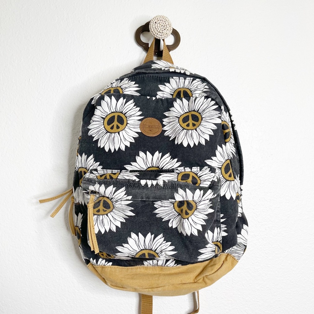 O'Neill Sunflower Peace Sign Canvas Backpack Black Tan Boho Surf Daypack